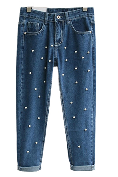 Mid Wash Beaded Skinny Jeans with Zip Fly