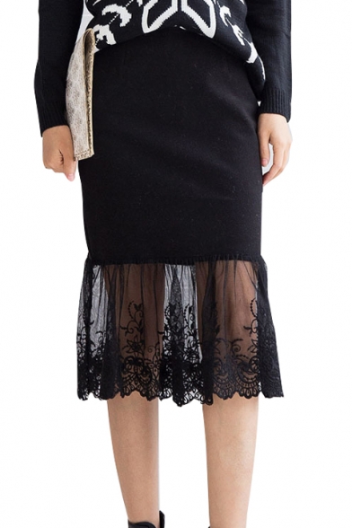 Plain Lace Inserted Midi Skirt with Zip Back