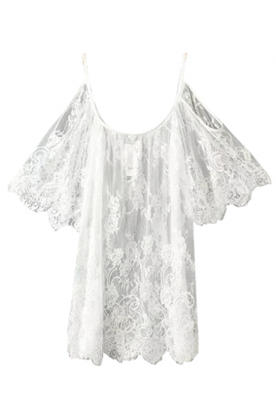 Plain Lace Strap Open Shoulder Short Sleeve Sheer Dress - Beautifulhalo.com