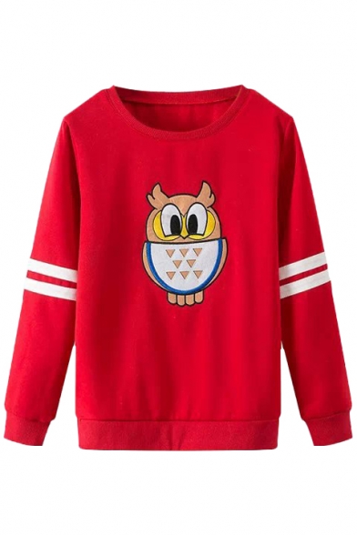 Red Owl Stripe Print Round Neck Long Sleeve Sweatshirt