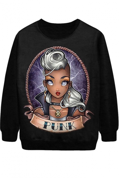 Silver Hair Girl Print Funk Black Sweatshirt