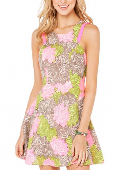 Strappy Back Floral Print Round Neck Sleeveless Fit&Flare Dress