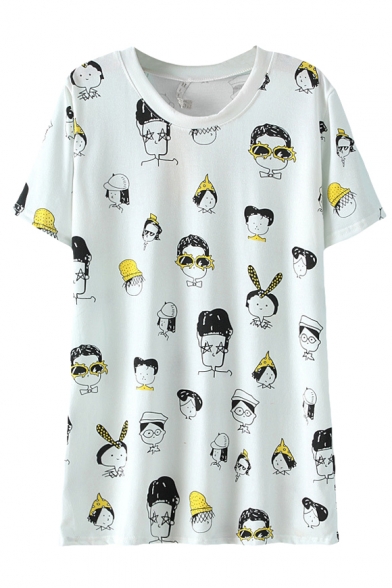 White Cartoon Character Print Round Neck Tee with Short Sleeve