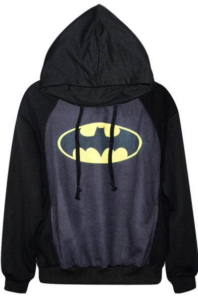 Batman Theme Print Casual Hooded Pullover with Drawstring