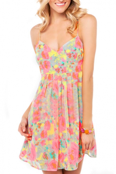 Colorful Floral Print V-Neck Slip A-line Dress