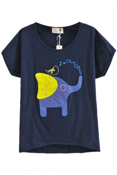 Elephant Water Round Neck Cute T-Shirt with Short Sleeve