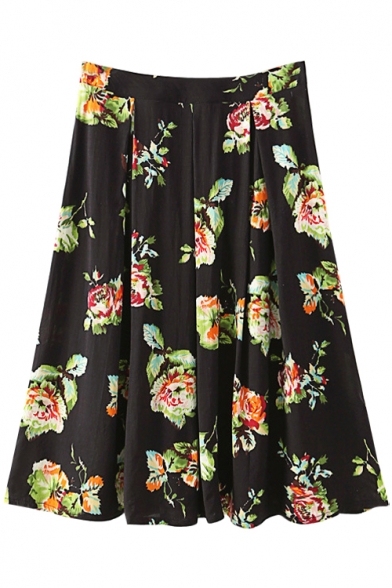 High Waist Green Flower Print Black Skirt