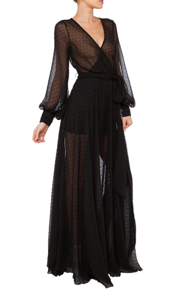 black dress with mesh polka dot sleeves