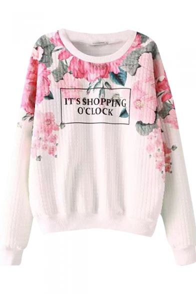 Pink Floral Print Round Neck Letter Print Sweatshirt with Long Sleeve