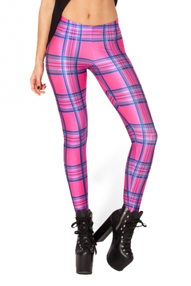 Pink Plaid Print Skinny Fashion Mid Rise Leggings