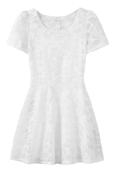 Plain Short Sleeve Net Fitted Fit&Flare Dress