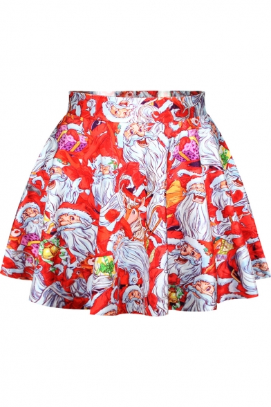 Santa Clause Print High Waist A-Line Mini Skirt