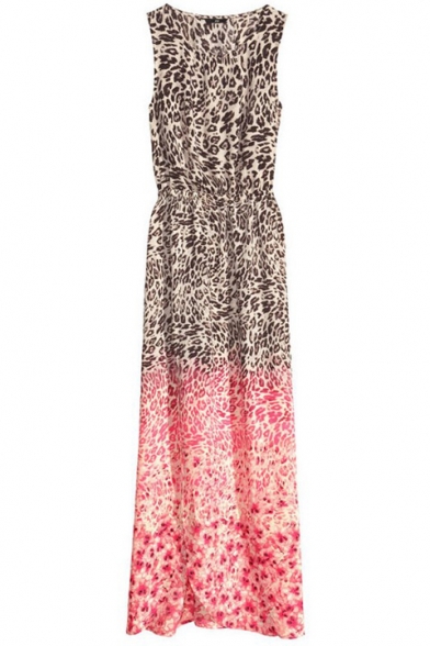 Brown&Pink Block Elastic Waist Side Split Sleeveless Longline Dress