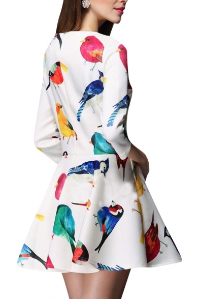 Colorful Birds Print 3/4 Sleeve Round Neck A-line Dress