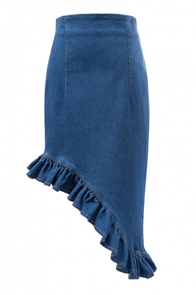 High Waist Plain Blue Fishtail Hem Bodycon Denim Skirt