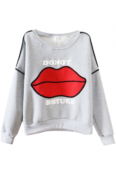 Letter&Red Lips Embroidered Batwing Sleeve Sweatshirt