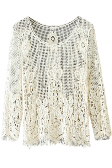 Plain Lace Floral Crochet Long Sleeve Round Neck Pull Over Blouse