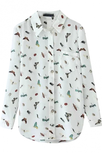 White Colorful Insect Print Lapel Single Pocket Blouse