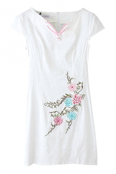 White Floral Embroidered Cap Sleeve Cheongsam Dress