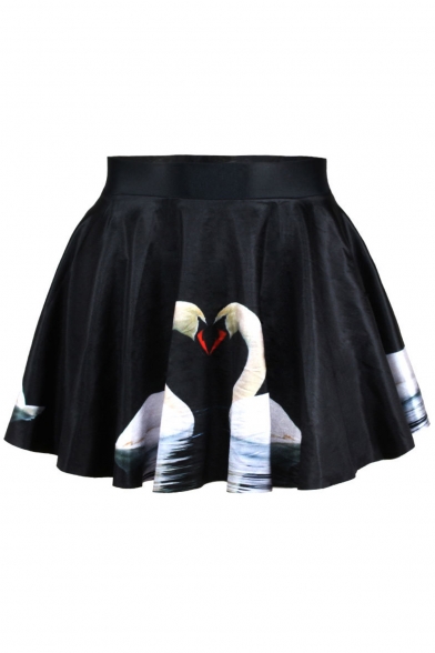 White Swan Print High Waist Pleated Mini Skirt