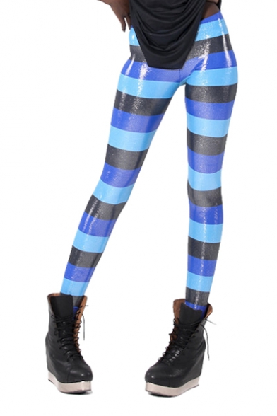 Blue Black Stripes Print Spandex Fashion Leggings