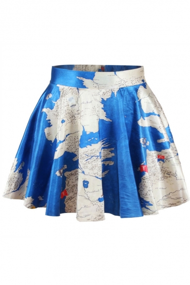 Blue Map Print High Waist Pleated Mini Skirt