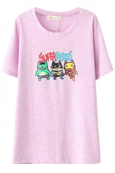 Cartoon Robot Letter Print T-Shirt with Round Neck - Beautifulhalo.com