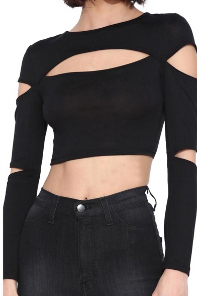 Chest&Sleeve Cutout Long Sleeve Crop Black T-Shirt - Beautifulhalo.com