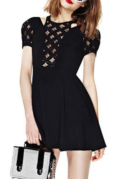 Diamond Lace Cutout Top Short Sleeve Black Babydoll Dress