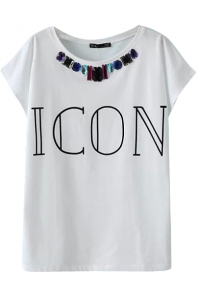 Fashionable Sequins Embellished Icon Letter T-Shirt