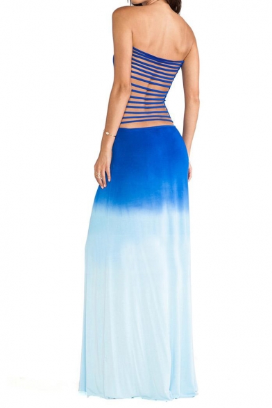 Ombre Blue Back Cutout Stripe Strapless Dress