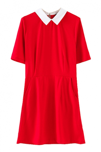 Plain Lapel Gathered Waist Short Sleeve Dress - Beautifulhalo.com