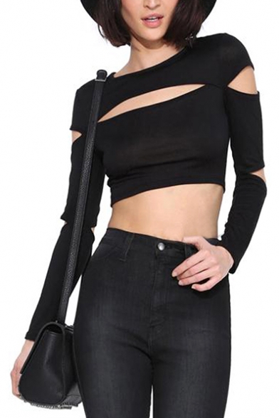 Chest&Sleeve Cutout Long Sleeve Crop Black T-Shirt