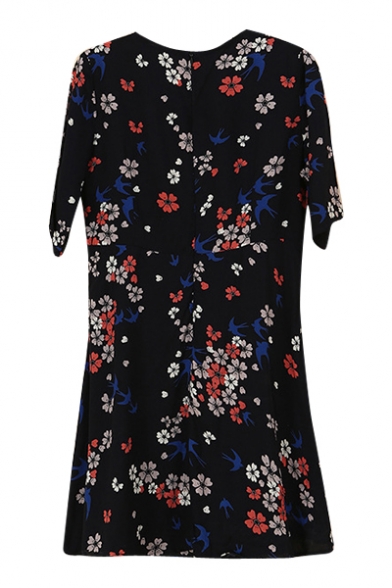 Dark Blue Background Swallow&Floral Print Dress