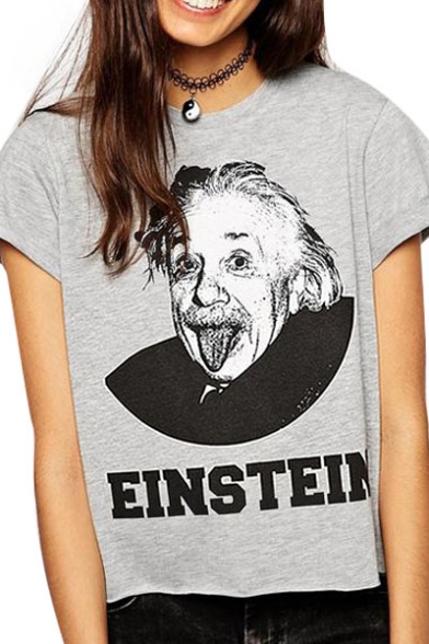 Einstein Print Grey Round Neck Short Sleeve T-Shirt
