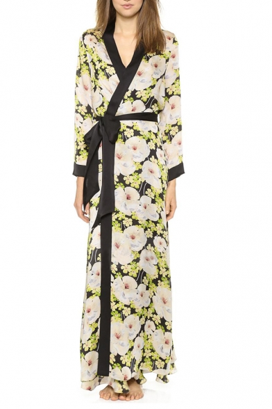 Elegant Flower Print Black Trim Maxi Kimono Style Dress