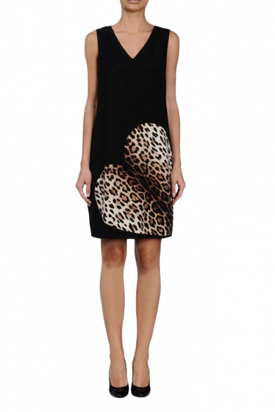 Fashionable Heart Leopard Pattern V-Neck Black Slim Dress
