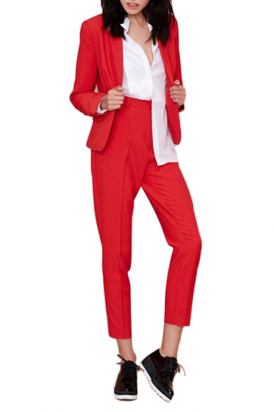 Red Office Lady High Waist Plain Crop Pants