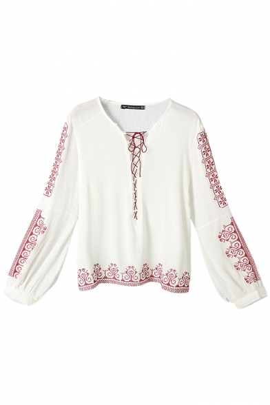 Round Neck Red Tribal Embroidery&String UP Puff Sleeve Blouse
