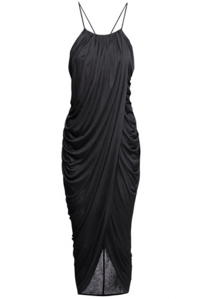 Soft Rayon Draped&Pleated Black Slip Dress