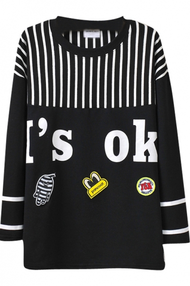 Stripe&Letter&Cartoon Applique Longline Sweatshirt
