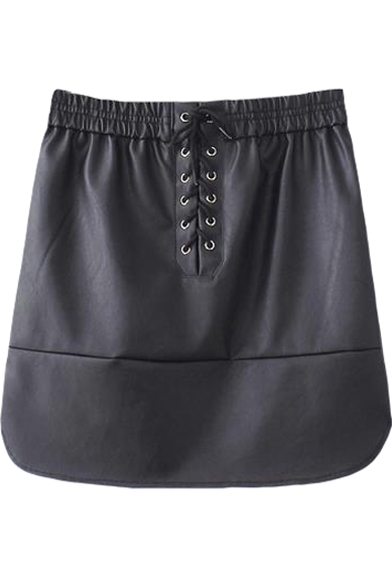 Black Drawstring Front Elastic Waist PU Skirt