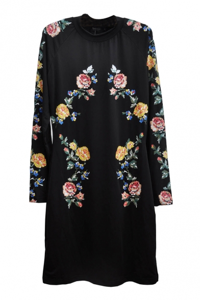 Black Floral Print Long Sleeve Dress