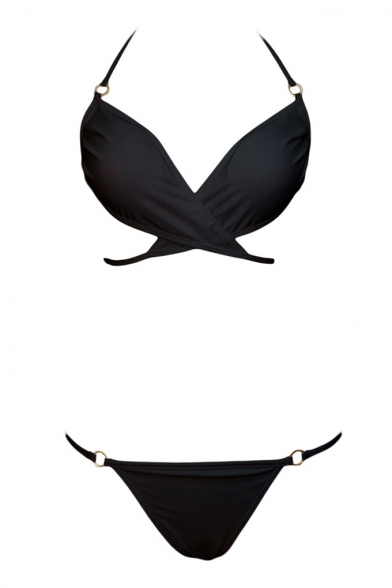 Black Halter Low Rise Triangle Bikini Set
