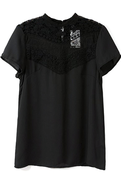 Black Lace Inserted Short Sleeve Top