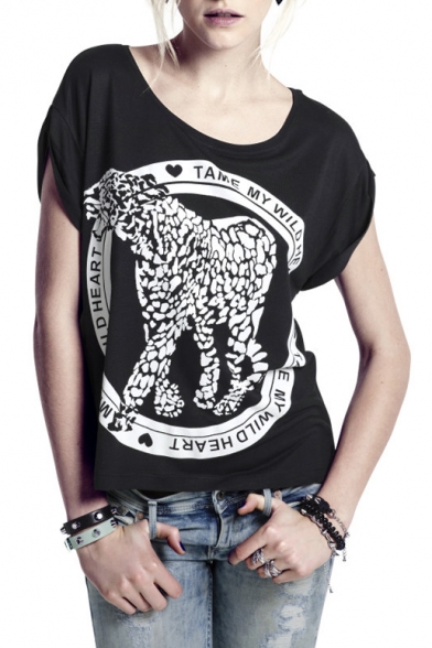 Black Short Sleeve Leopard Letter Print T Shirt