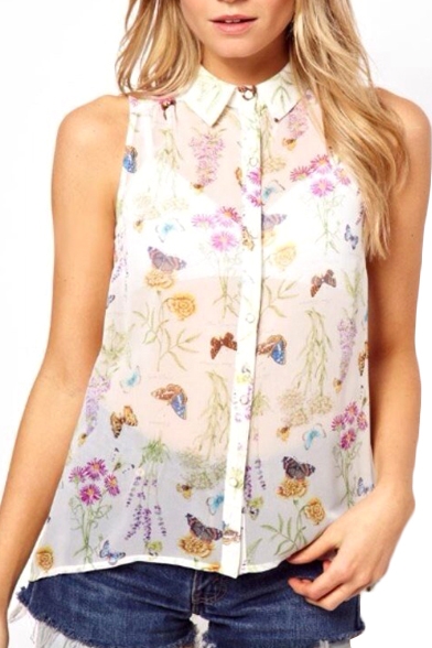 Butterfly and Floral Print Sleeveless Sheer Dip Hem Top
