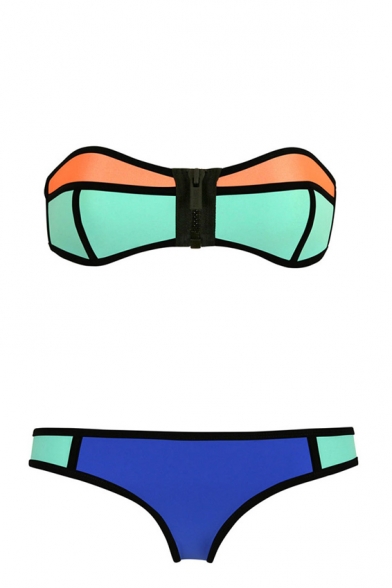 Color Block Bandeau Zipper Sexy Bikini Set
