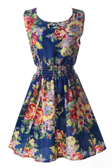Dark Blue Sleeveless Gorgeous Flower Print Dress - Beautifulhalo.com
