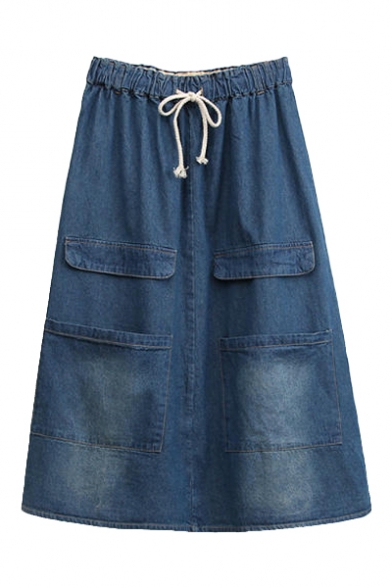 Drawstring Elastic Waist Denim Plain Pockets Skirt